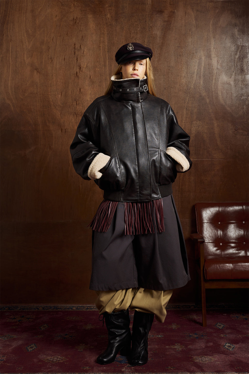 Oversize Fleece Lining Faux Leather Flight Bomber Jacket