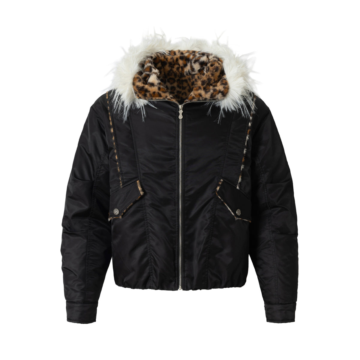 Leopard Fleeced Faux Fur Hooded Flight Jackets