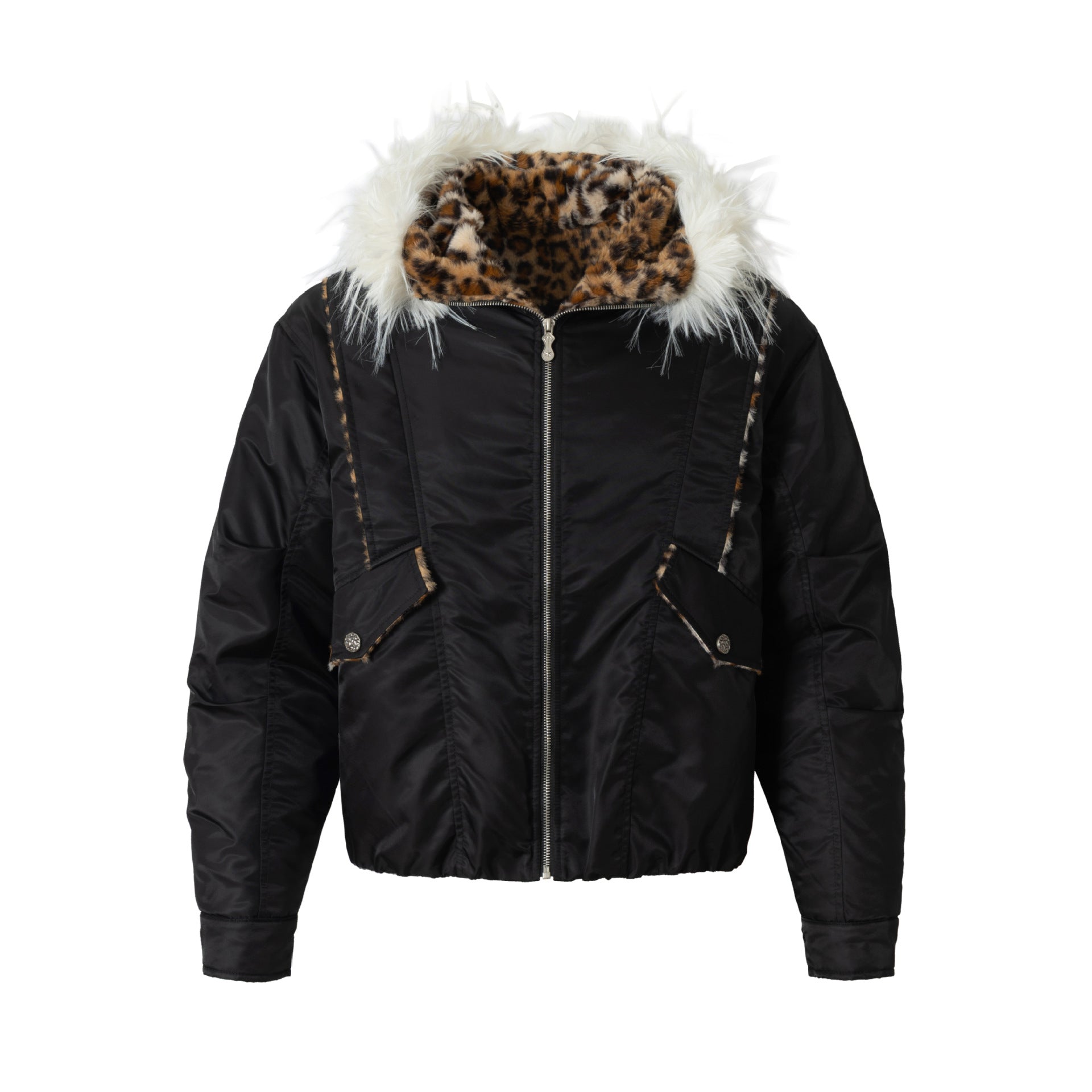 Leopard Fleeced Faux Fur Hooded Flight Jackets