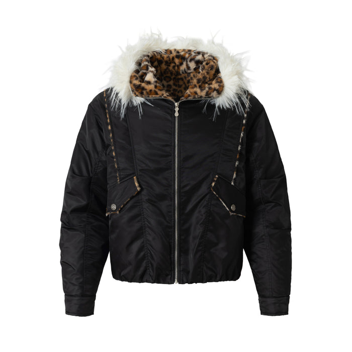 Leopard Fleeced Faux Fur Hooded Flight Jackets