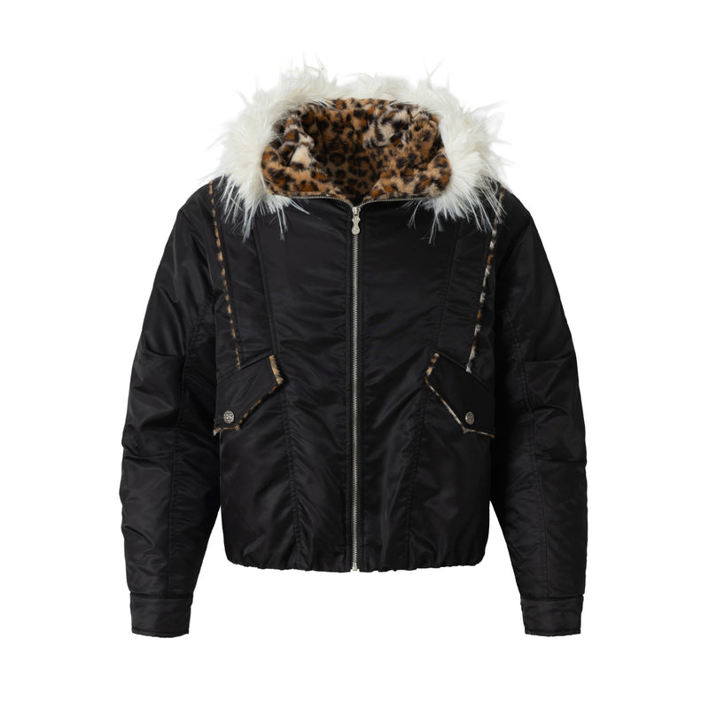 Leopard Fleeced Faux Fur Hooded Flight Jackets