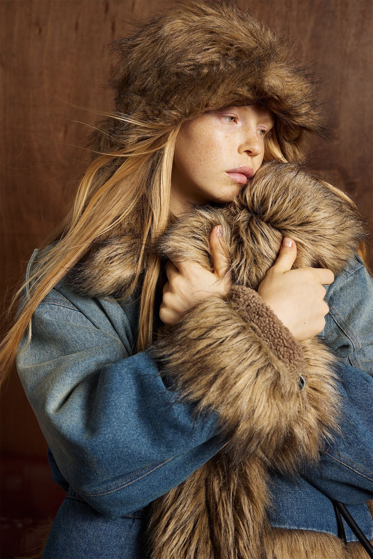 Faux Fur Dropped Shoulder Denim Coat