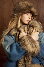 Faux Fur Dropped Shoulder Denim Coat