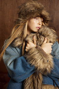 Faux Fur Dropped Shoulder Denim Coat