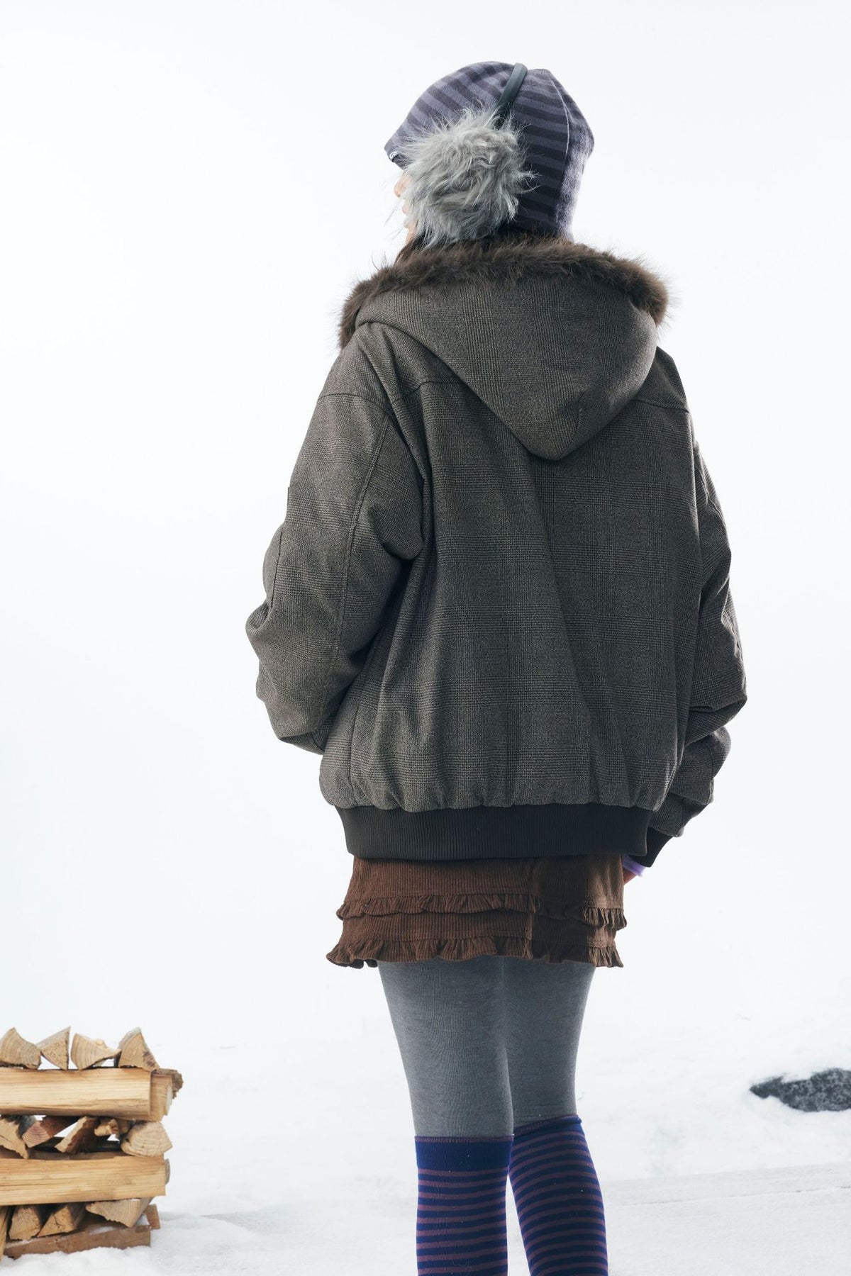 Grey Faux Fur Hooded Flight Jacket