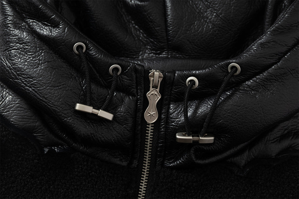 Fleeced Faux Leather Hooded Zip-Up Funnel Jacket