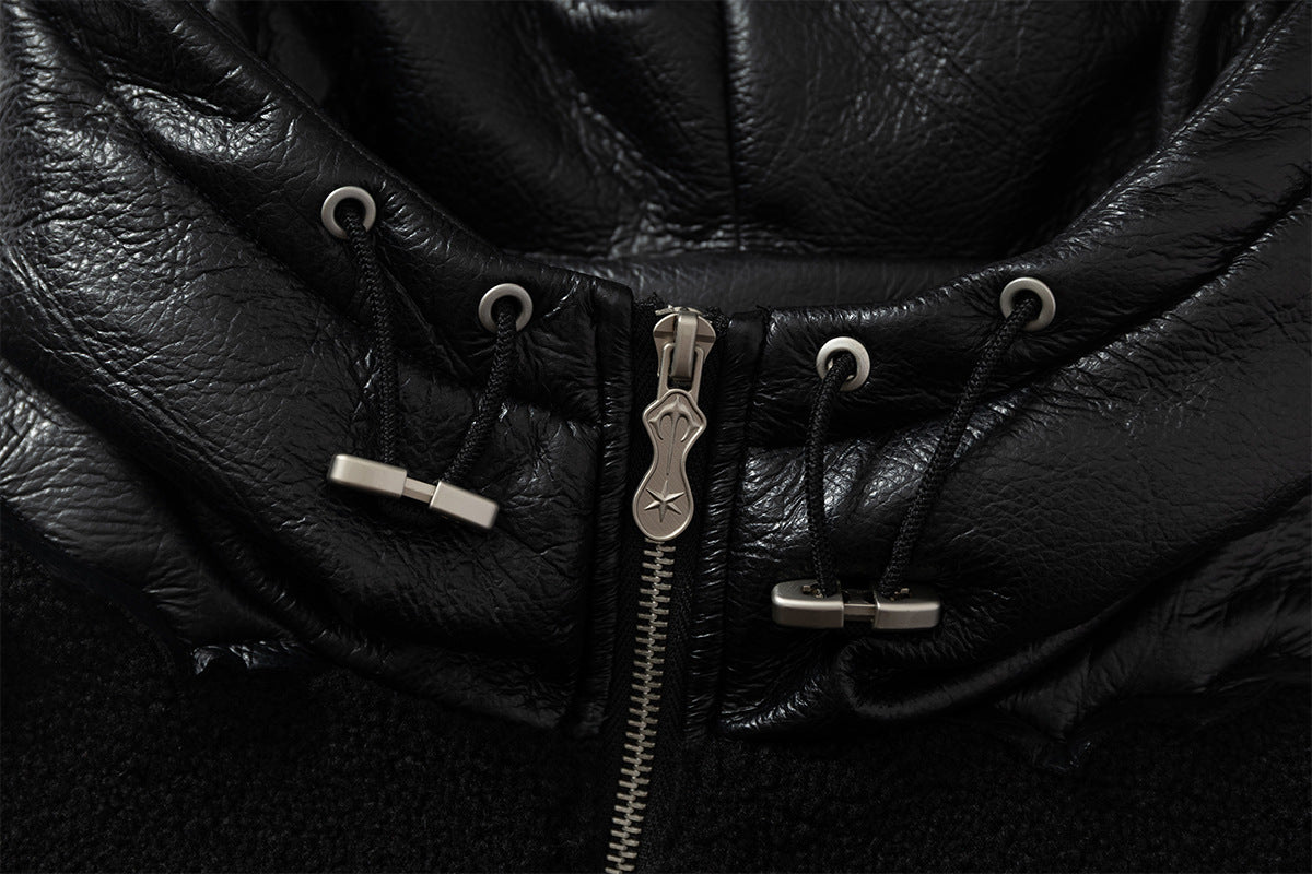 Fleeced Faux Leather Hooded Zip-Up Funnel Jacket