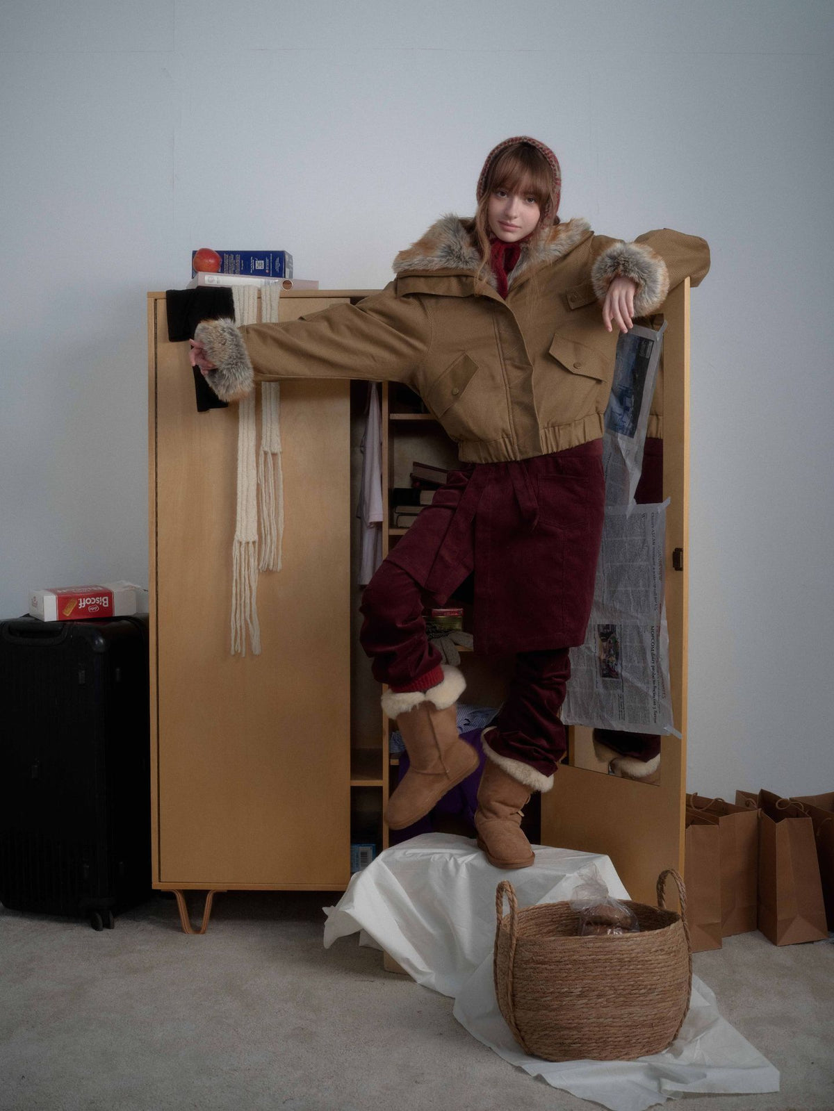 Brown Faux Fur Cropped Funnel Jacakets