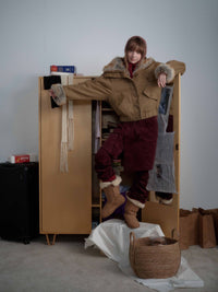 Brown Faux Fur Cropped Funnel Jacakets