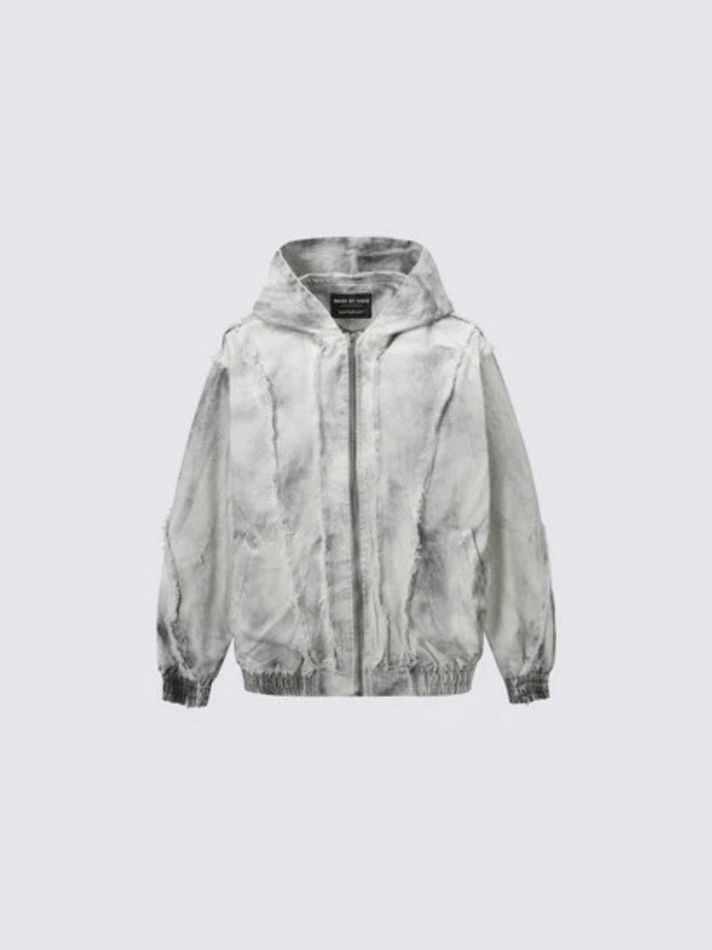 Grey Mess Distressed Zip-Up Hooded Jacket