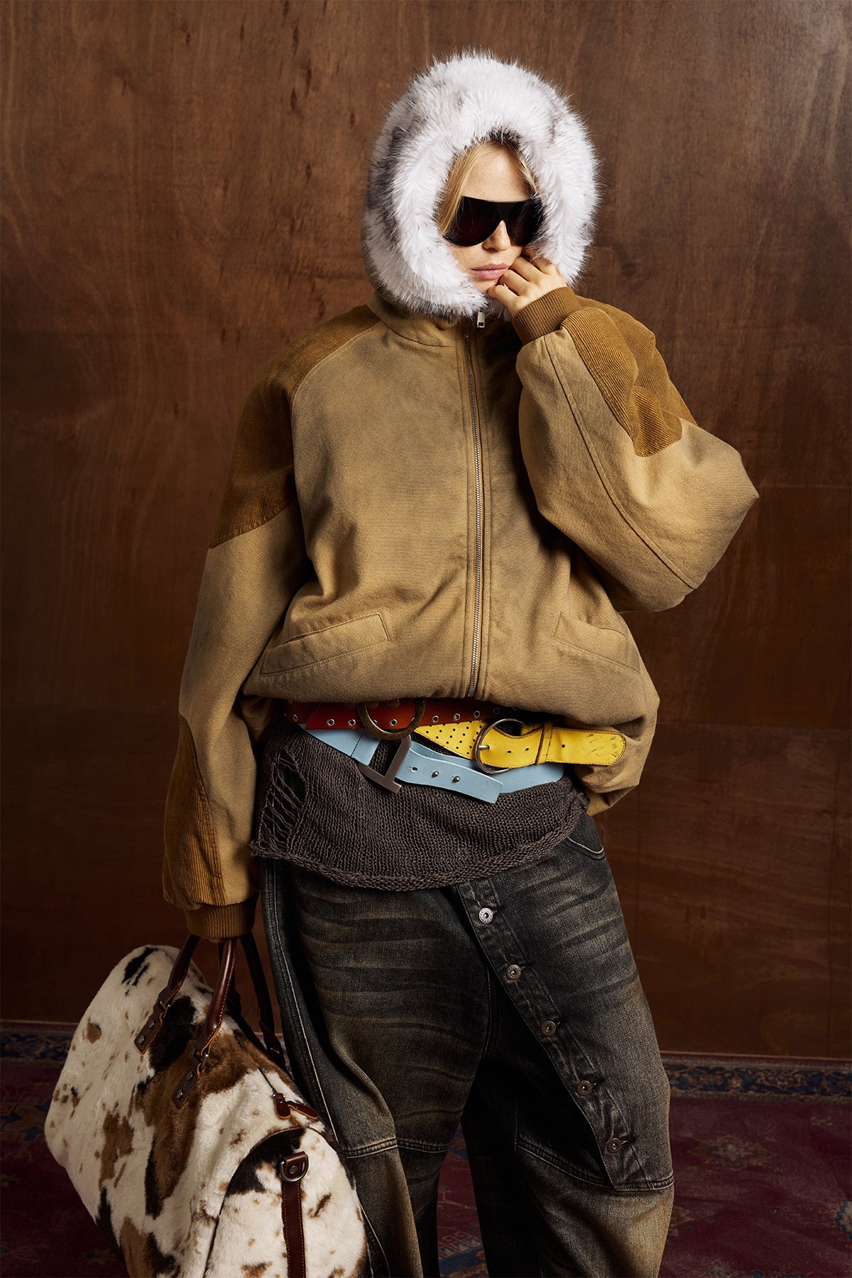 Patched Faux Fur Hooded Flight Zip-up Bomber