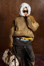 Patched Faux Fur Hooded Flight Zip-up Bomber