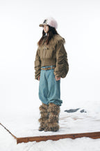 Brown Faux Fur Cropped Zip-Up Bomber