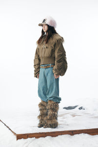 Brown Faux Fur Cropped Zip-Up Bomber