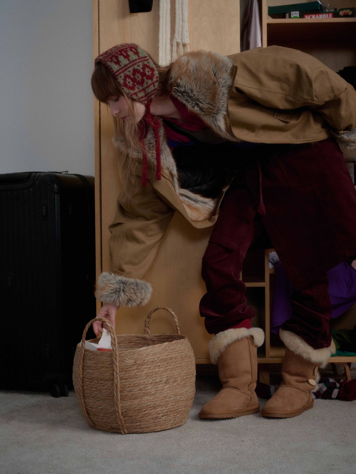 Brown Faux Fur Cropped Funnel Jacakets