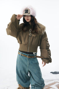 Brown Faux Fur Cropped Zip-Up Bomber