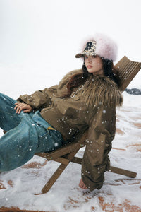 Brown Faux Fur Cropped Zip-Up Bomber