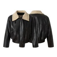 Oversize Fleece Lining Faux Leather Flight Bomber Jacket