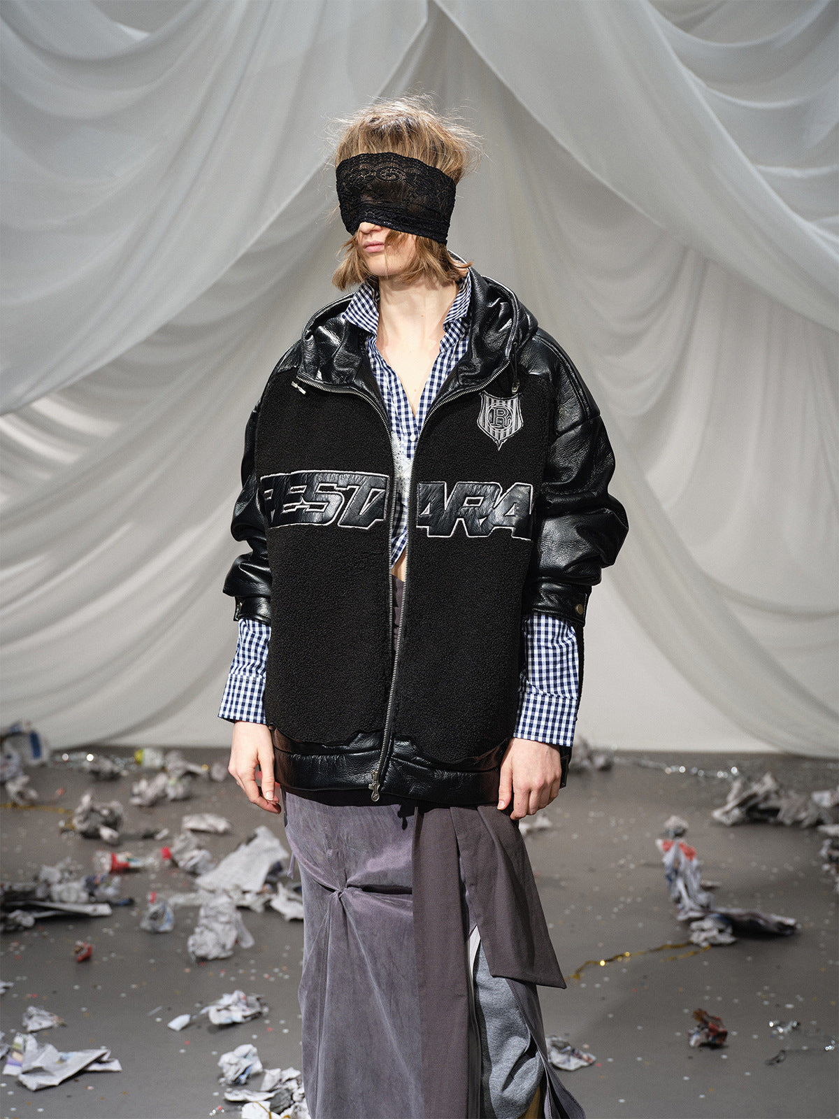 Fleeced Faux Leather Hooded Zip-Up Funnel Jacket