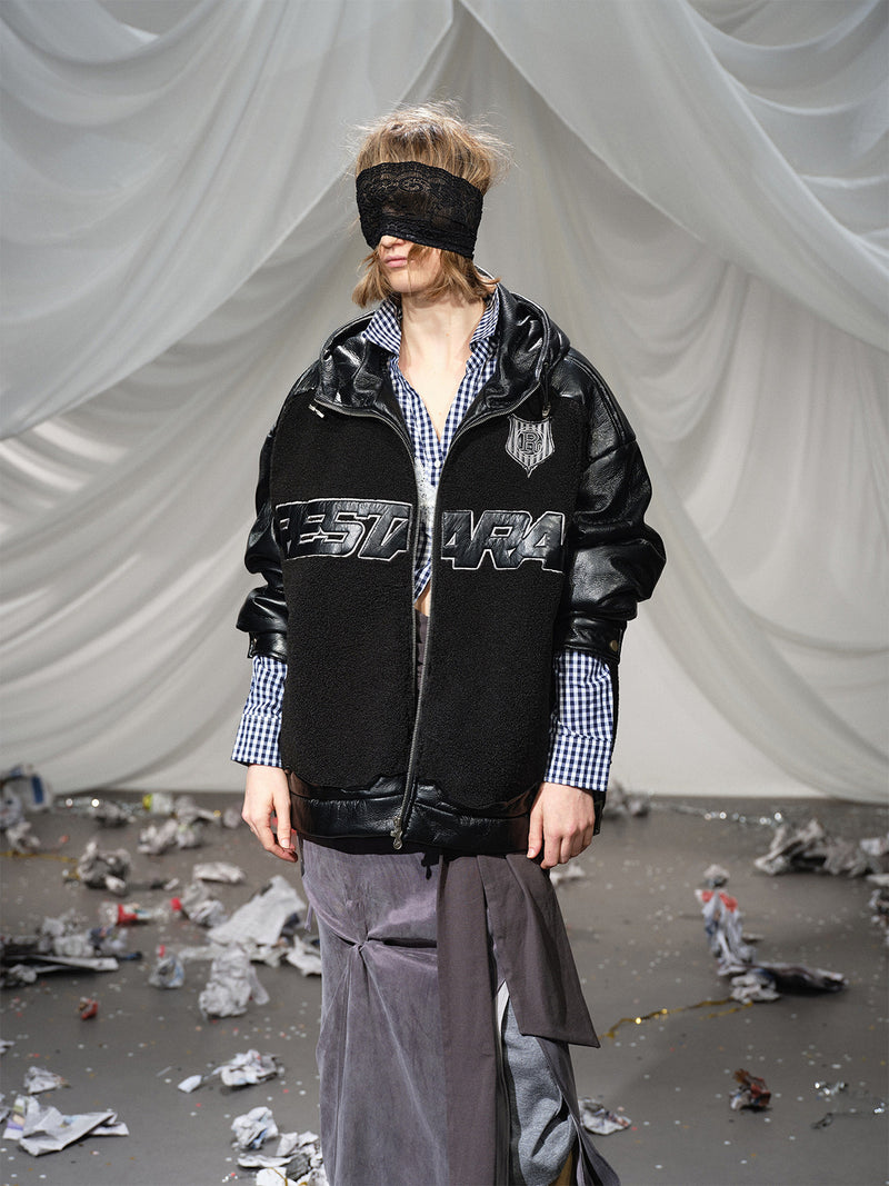 Fleeced Faux Leather Hooded Zip-Up Funnel Jacket