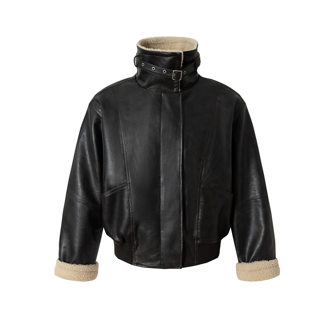 Oversize Fleece Lining Faux Leather Flight Bomber Jacket
