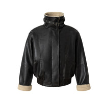 Oversize Fleece Lining Faux Leather Flight Bomber Jacket