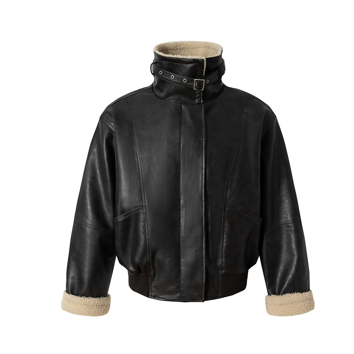 Oversize Fleece Lining Faux Leather Flight Bomber Jacket