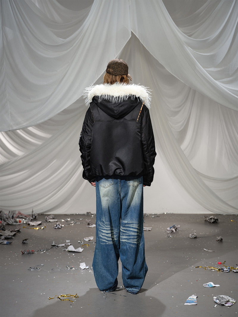 Leopard Fleeced Faux Fur Hooded Flight Jackets