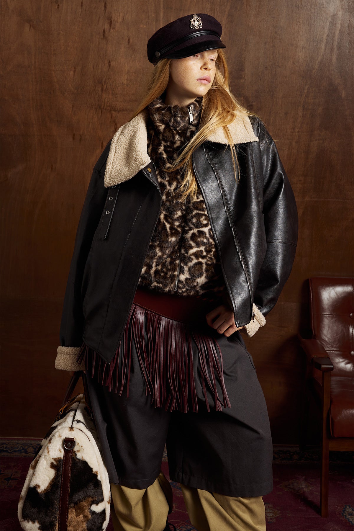 Oversize Fleece Lining Faux Leather Flight Bomber Jacket