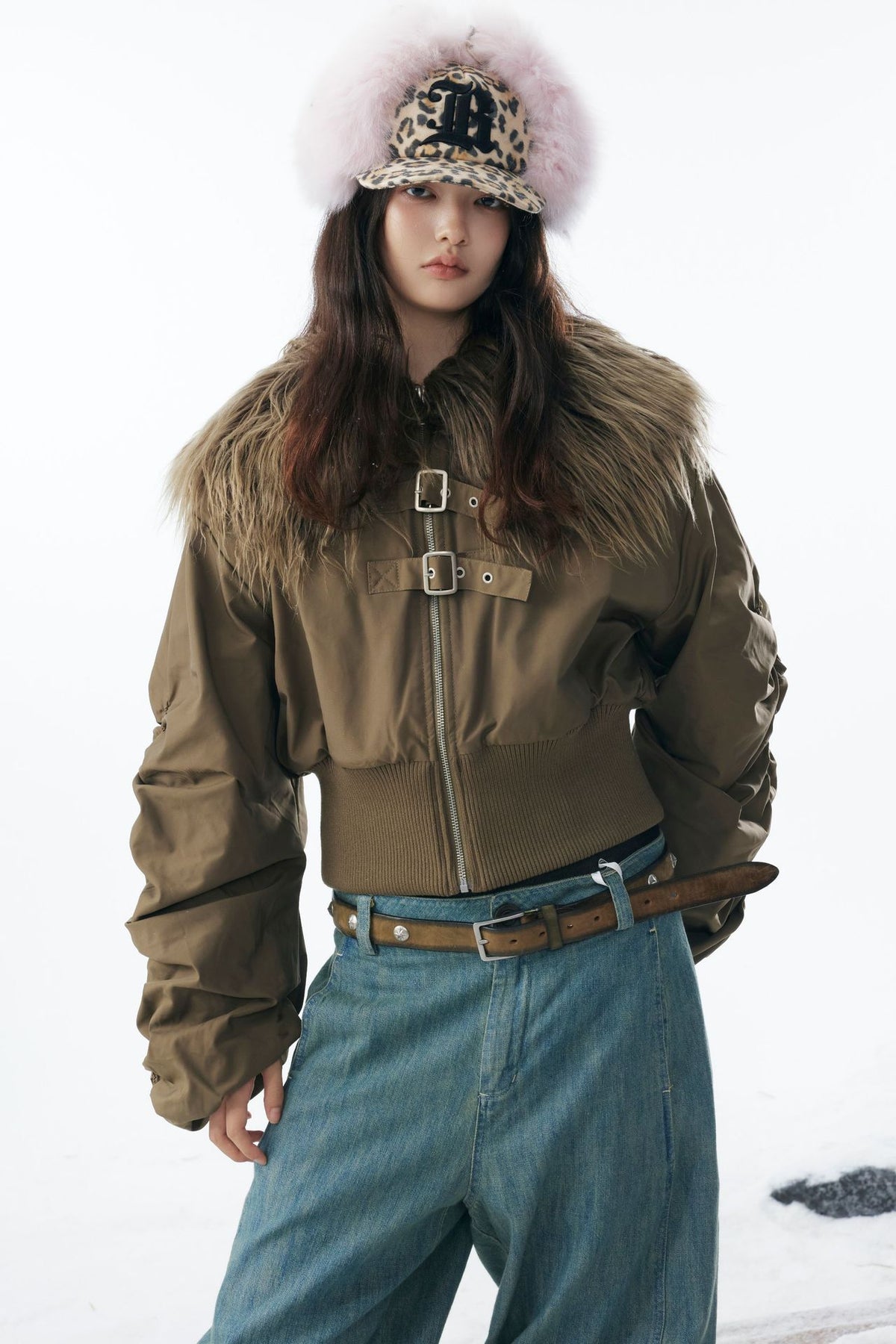 Brown Faux Fur Cropped Zip-Up Bomber