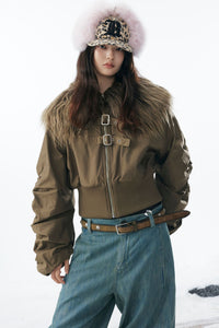 Brown Faux Fur Cropped Zip-Up Bomber