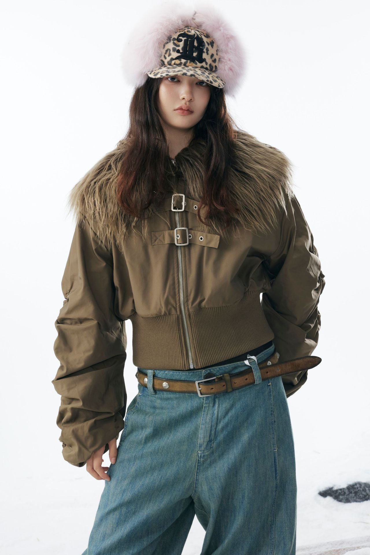 Brown Faux Fur Cropped Zip-Up Bomber