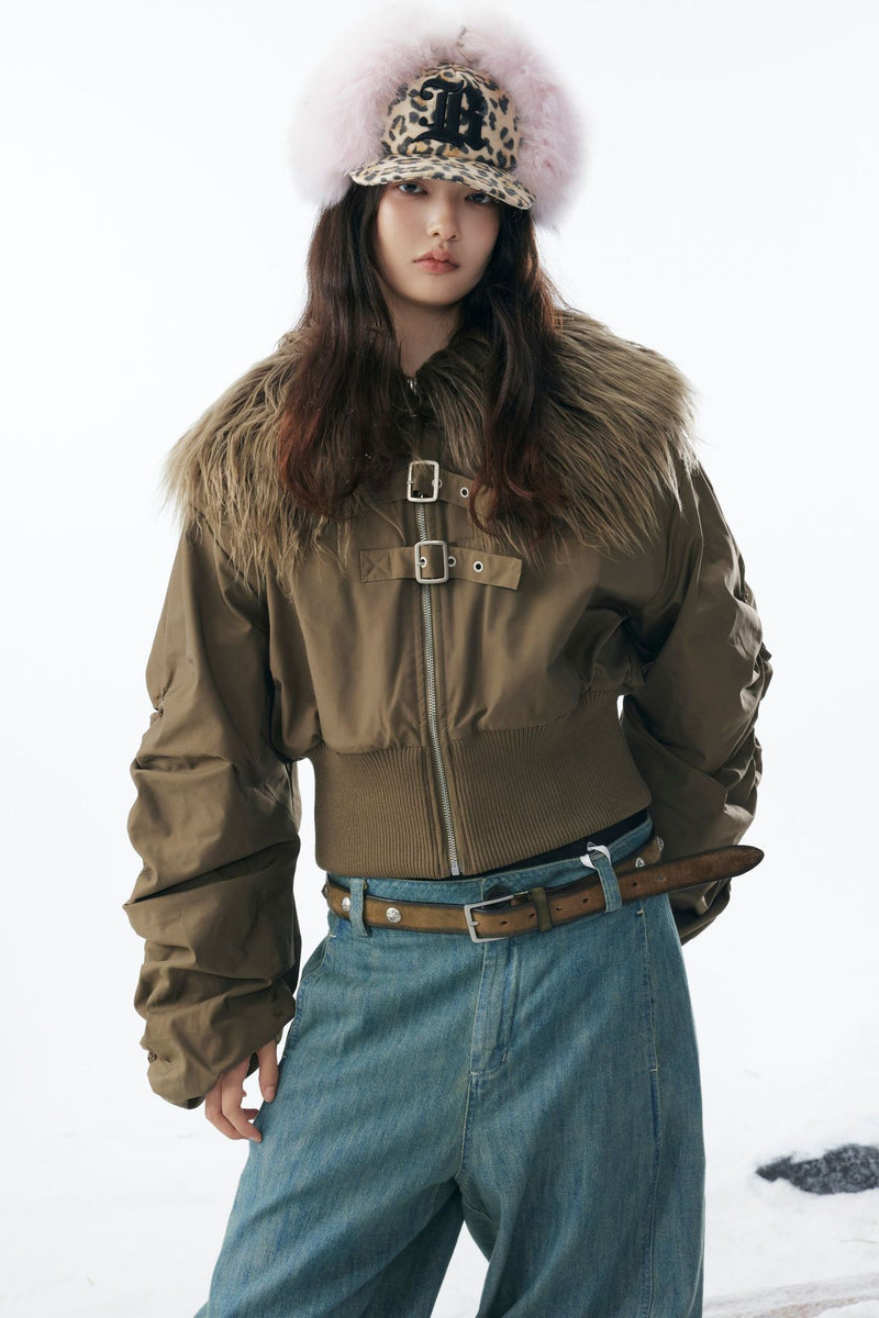 Brown Faux Fur Cropped Zip-Up Bomber