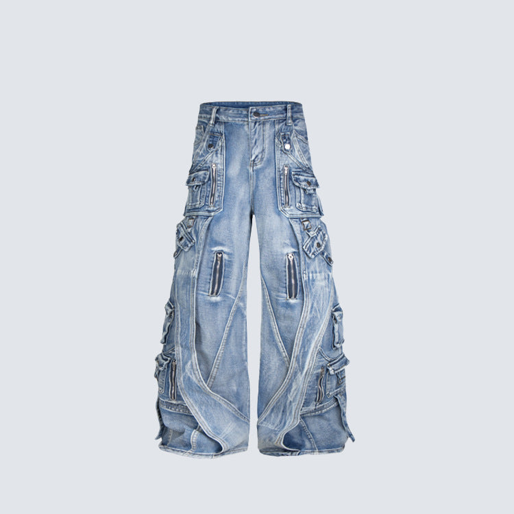 Blue Biker Curved Baggy Pants