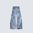 Blue Biker Curved Baggy Pants