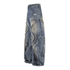 Baggy Curved Wave Distressed Denim Pants