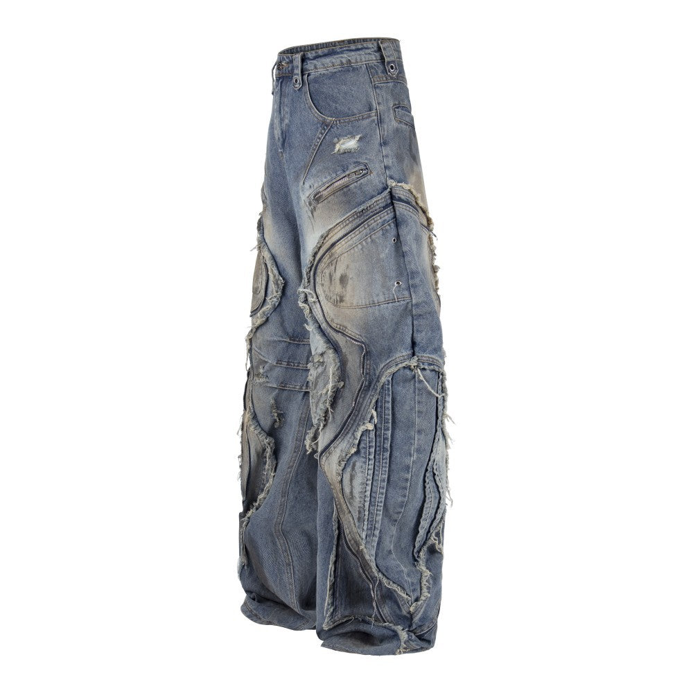 Baggy Curved Wave Distressed Denim Pants