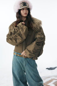 Brown Faux Fur Cropped Zip-Up Bomber