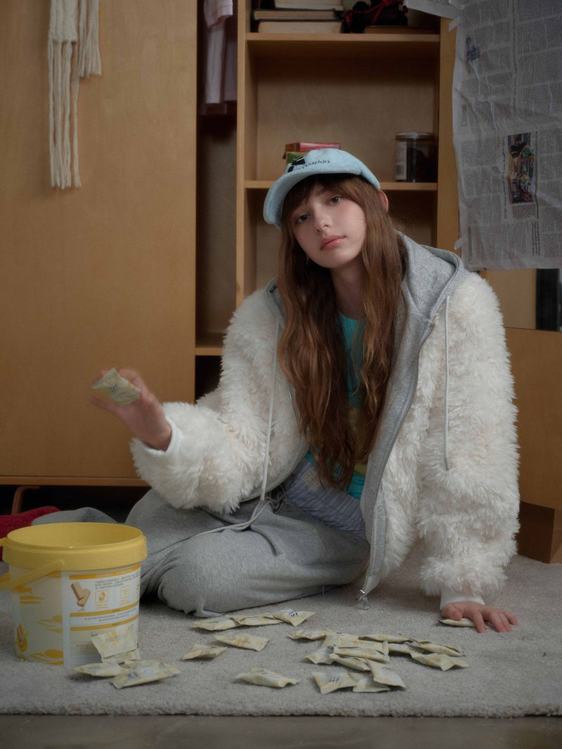 White Fleece Fur Hooded Zip Up Jackets