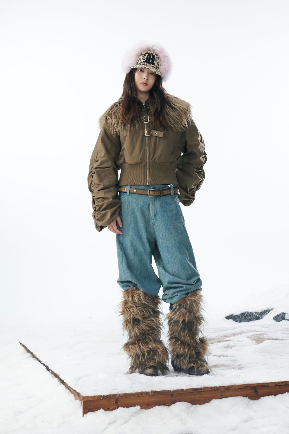 Brown Faux Fur Cropped Zip-Up Bomber