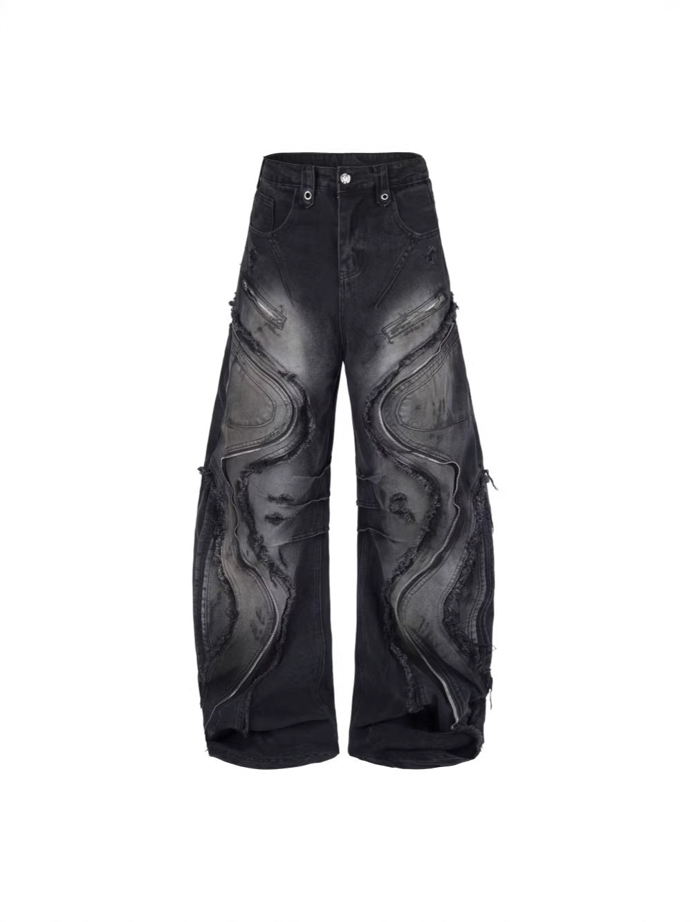 Baggy Curved Wave Distressed Denim Pants