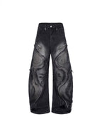 Baggy Curved Wave Distressed Denim Pants