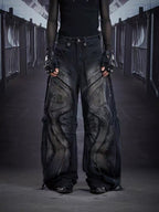 Baggy Curved Wave Distressed Denim Pants
