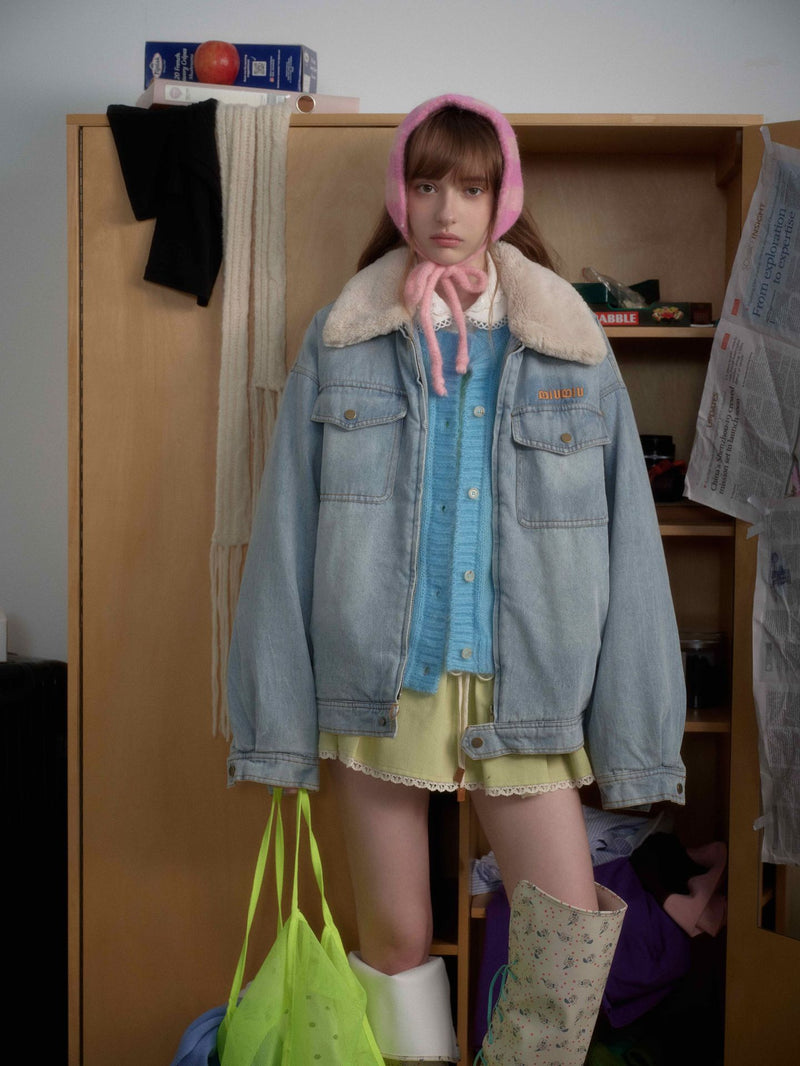 Miu Fleece Lapel Denim Jacket