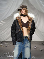 Leopard Fleeced Faux Fur Hooded Flight Jackets
