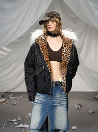 Leopard Fleeced Faux Fur Hooded Flight Jackets