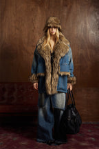Faux Fur Dropped Shoulder Denim Coat