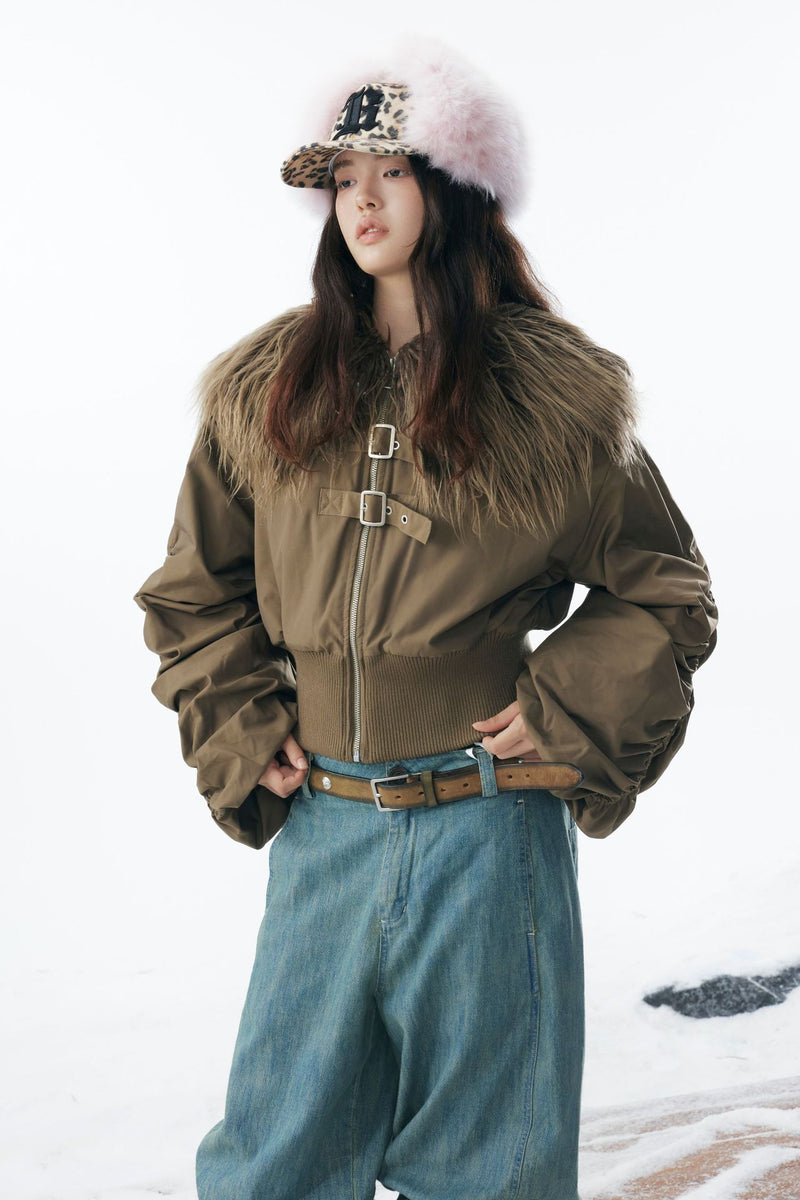 Brown Faux Fur Cropped Zip-Up Bomber
