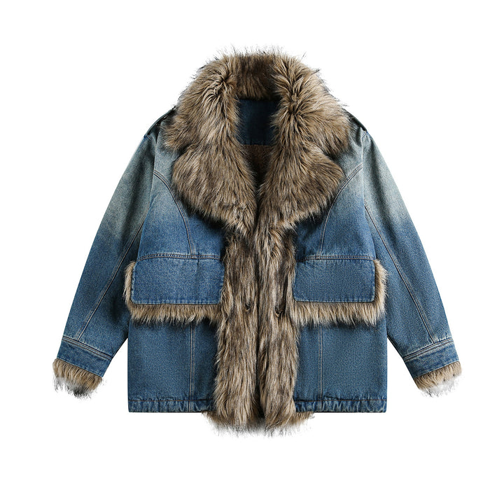 Faux Fur Dropped Shoulder Denim Coat