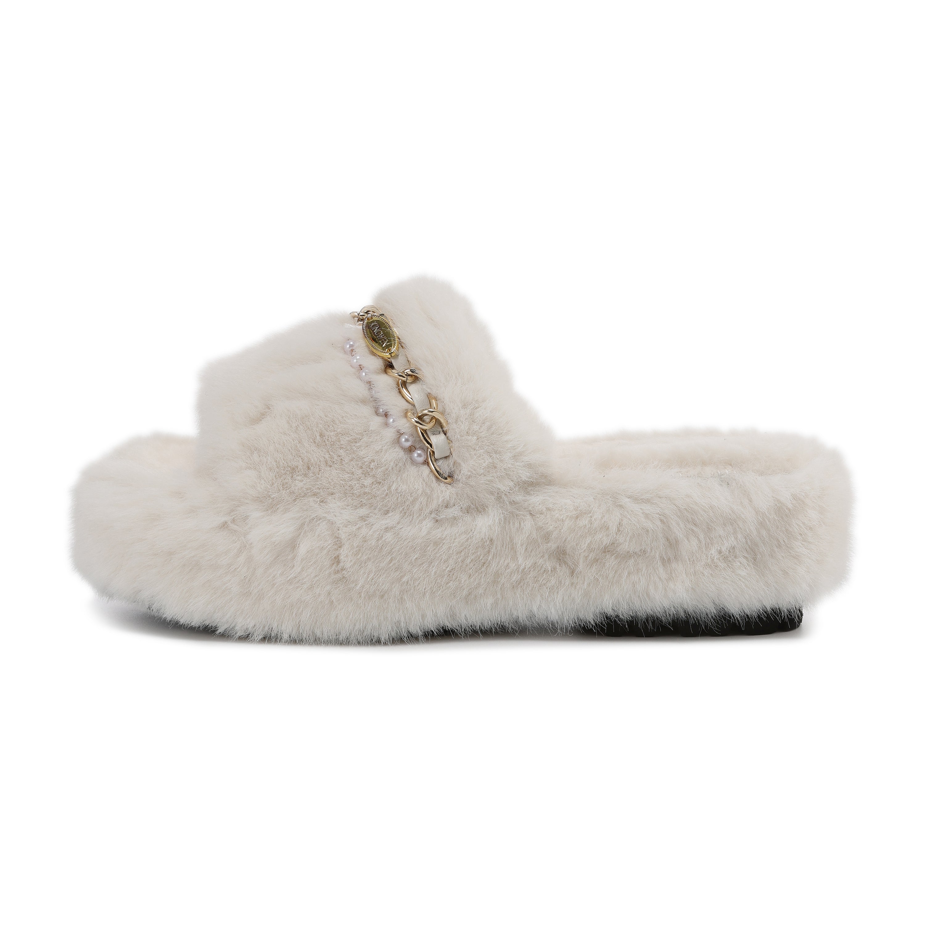 White Platform Chain Pearl Furry Slippers